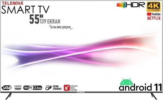 Telenova Revo 55 55 inç 4K Ultra HD 139 Ekran Çerçevesiz Flat Uydu Alıcılı Smart Led Android Televizyon