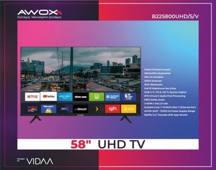 Awox B225800UHD/S/V 58 inç 4K Ultra HD 146 Ekran Çerçevesiz Flat Uydu Alıcılı Smart Led VIDAA Televizyon