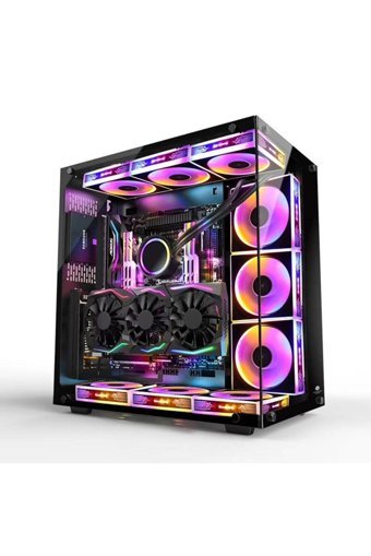 GamePower Warcry RGB Mesh Sıvı Soğutmalı 7 Fanlı Siyah Dikey Kullanım Mid Tower Oyuncu Bilgisayar Kasası