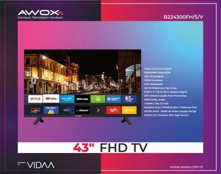 Awox B224300FH/S/V 43 inç FULL HD 108 Ekran Flat Uydu Alıcılı Smart Led VIDAA Televizyon