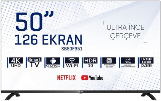Saba SB50F351 50 inç 4K Ultra HD 126 Ekran Çerçevesiz Flat Uydu Alıcılı Smart Led Android Televizyon