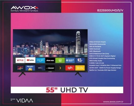 Awox B225500UHD/S/V 55 inç 4K Ultra HD 139 Ekran Çerçevesiz Flat Uydu Alıcılı Smart Led VIDAA Televizyon
